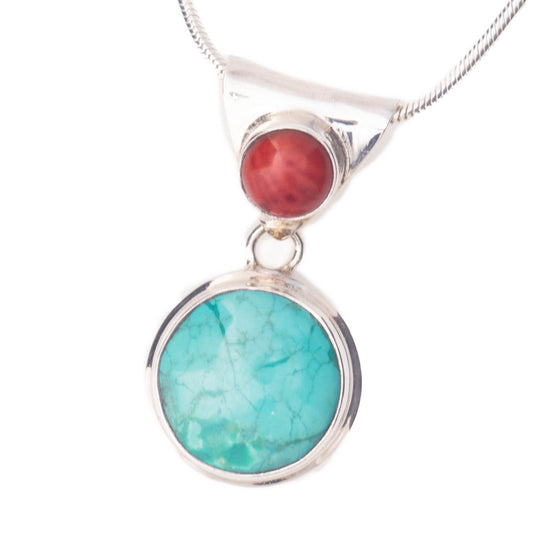 Turquoise and Coral, Sterling Silver Pendant