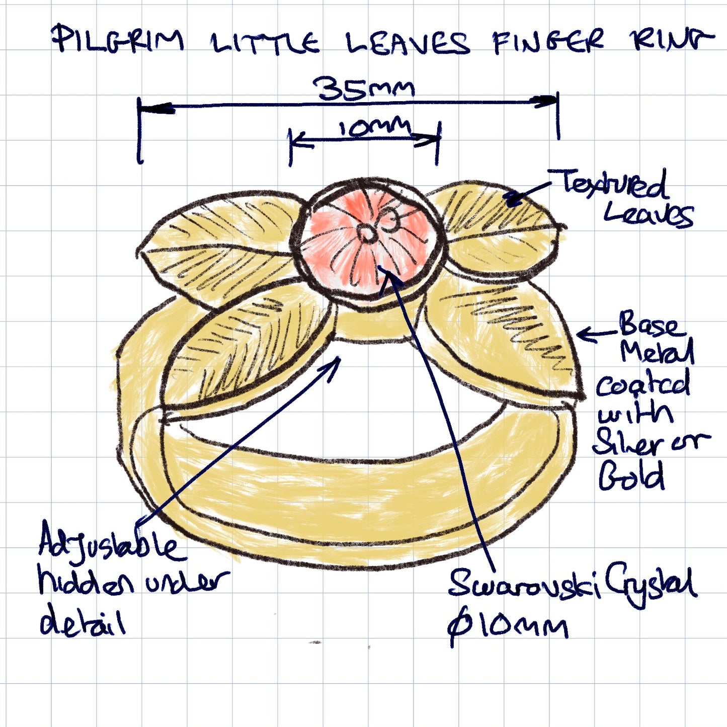 Pilgrim Little Leaves Adjustable Ring, Rose/Gold