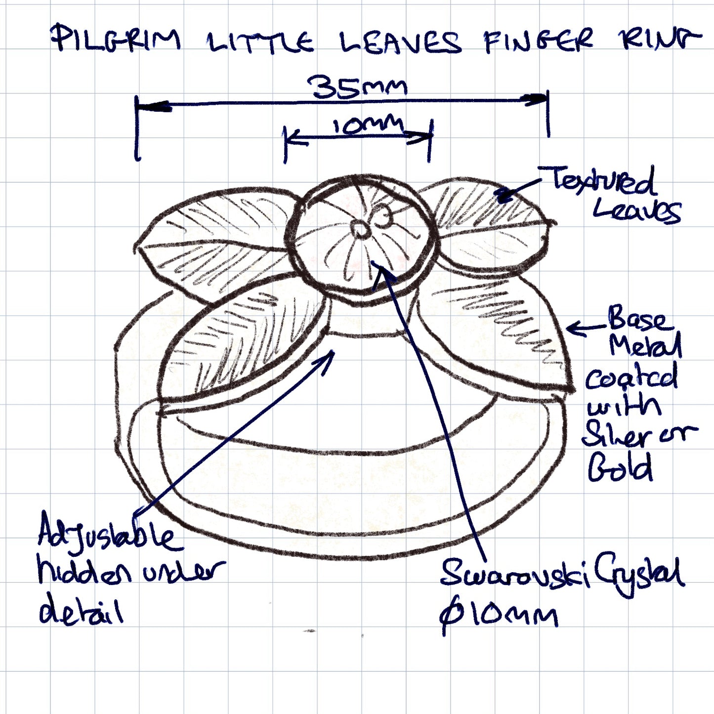 Pilgrim Little Leaves Adjustable Ring, Blue/Silver