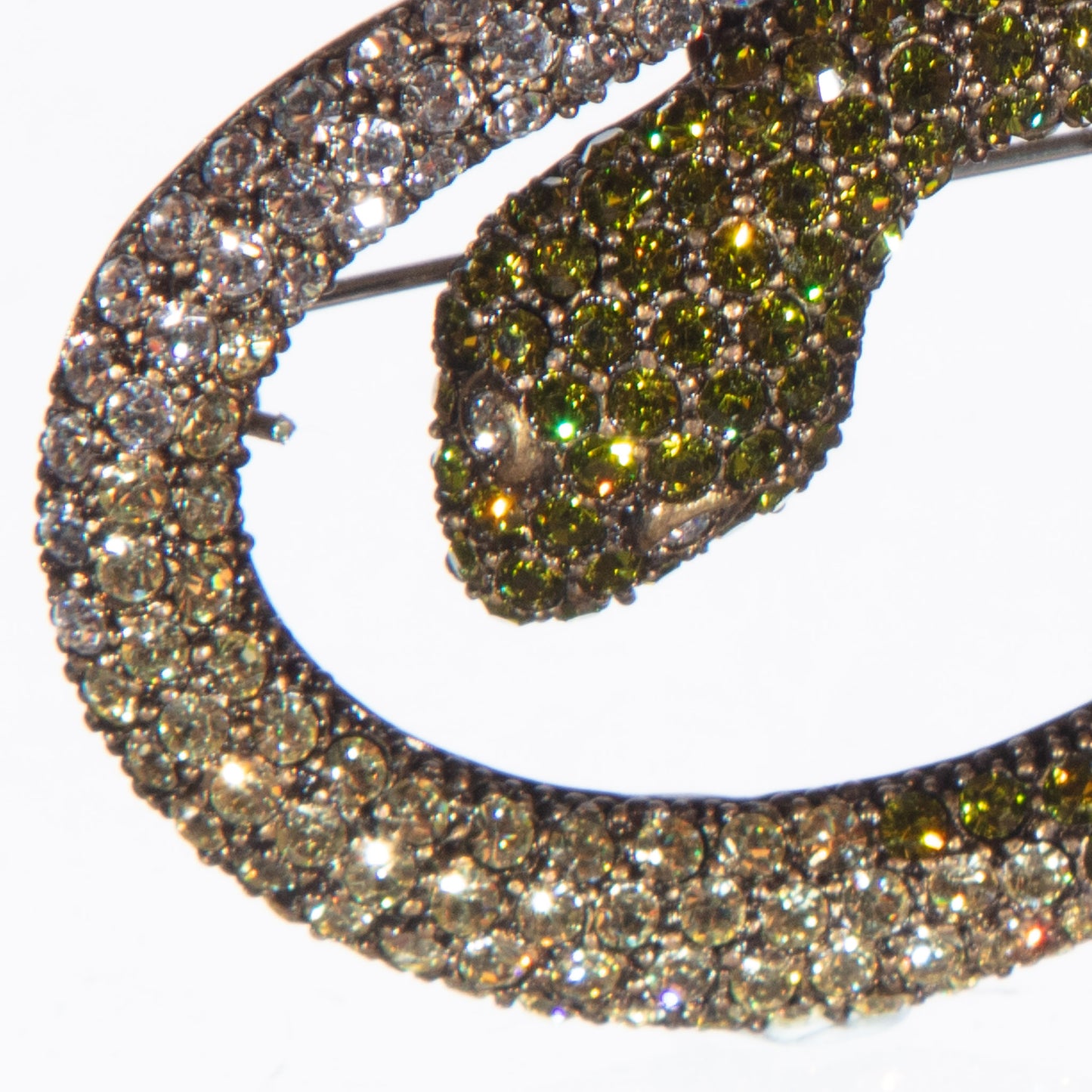 Vintage Pavé Snake Brooch with Green & Clear Crystals – Statement Piece)