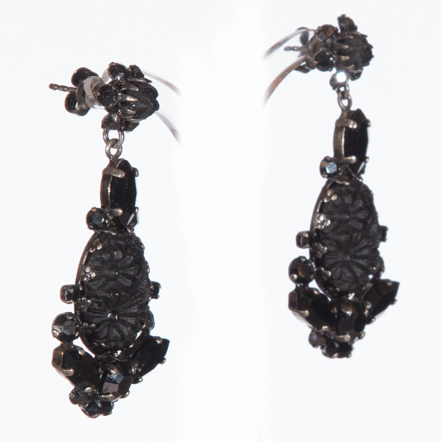 Konplott, Victoria, Vintage Black Floral Drop Earrings – Gothic Jet Crystal Statement Earrings