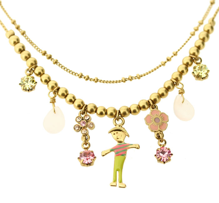 Pilgrim Happy Faces Twin Chain Necklace, Pastel/Gold