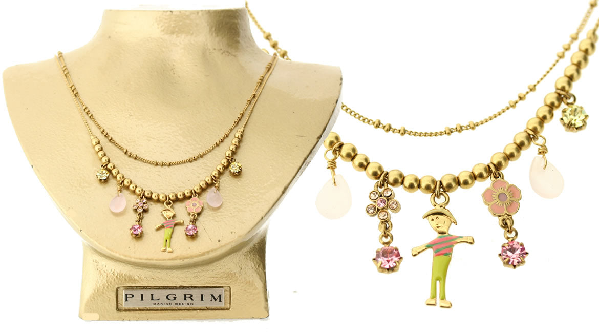 Pilgrim Happy Faces Twin Chain Necklace, Pastel/Gold