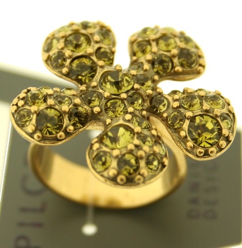 Pilgrim Classic Five Petal Classic Five Petal Flower Ring, Green/Gold