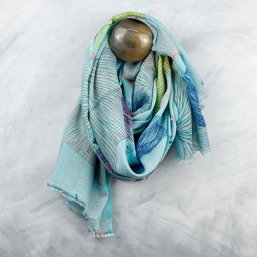 Aqua Mix Ginko Leaf Print Scarf By POM