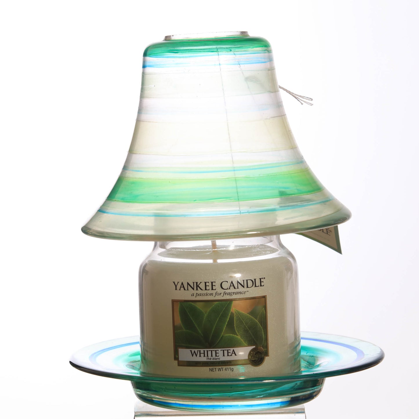 Yankee Candle Shade and tray for Medium Large Candles, Green Circular Stripes