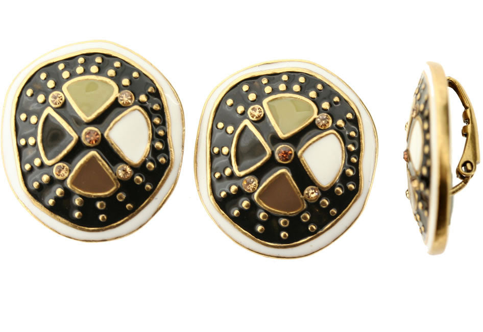 A&C Bogolan Large Clip-On Earrings, Black/Brown/Green/Gold