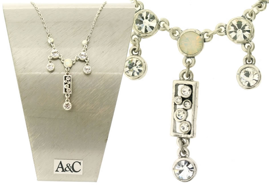 A&C Classic Party Elegant Drop Necklace, White/Crystal/Silver