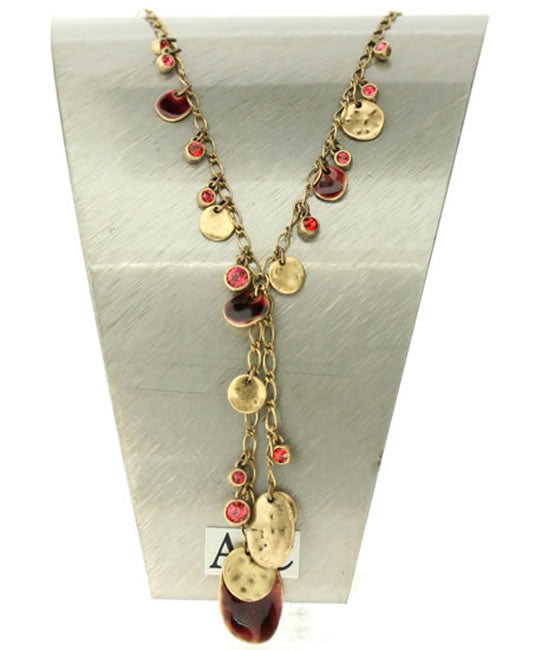 A&C Shabby Metal Drop Necklace, Burgundy/Gold