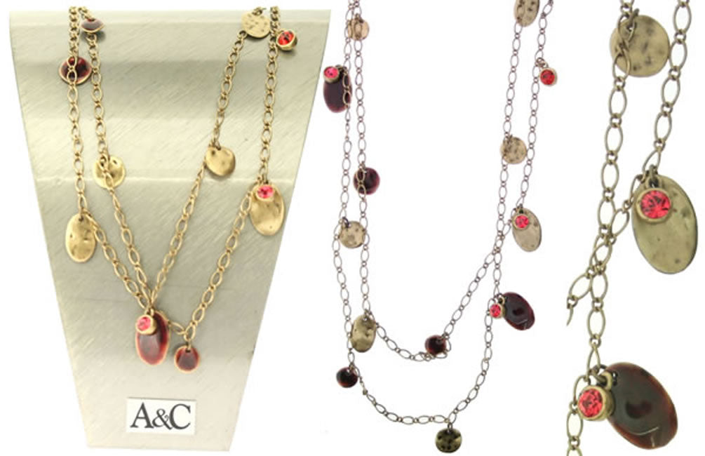 A&C Shabby Metal Beautiful Long Necklace, Burgundy/Gold