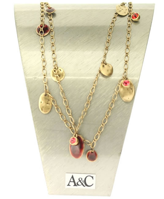 A&C Shabby Metal Beautiful Long Necklace, Burgundy/Gold