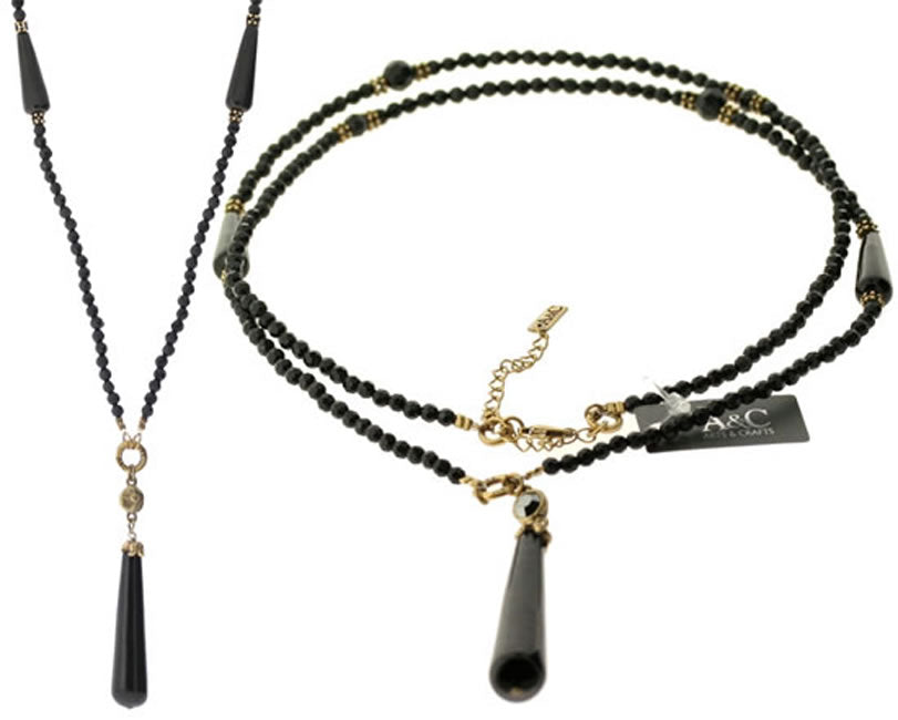 A&C Black Romance Long Beaded Necklace, Black/Gold