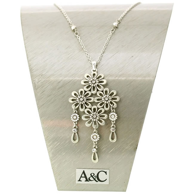 A&C Cotton Lace Long Necklace, Grey/Silver