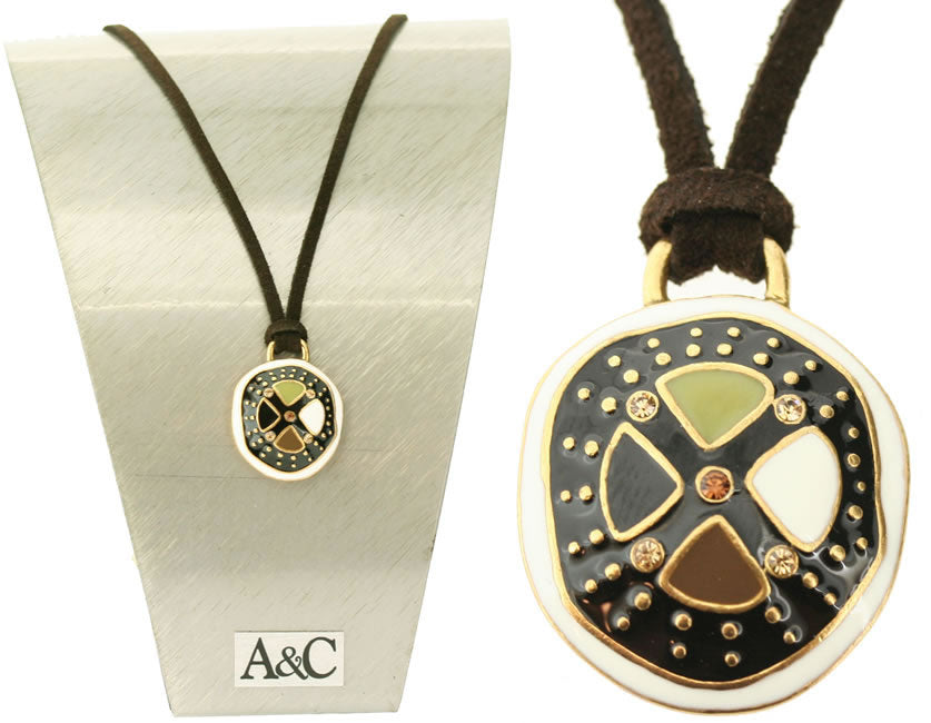 A&C Bogolan Small Pendant, Suede-Style Thong, Black/Brown/Green/Gold