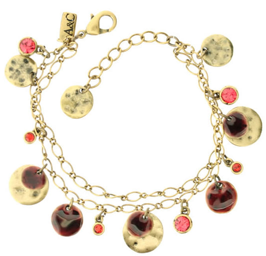 A&C Shabby Metal Lovely Twin Chain Bracelet, Burgundy/Gold