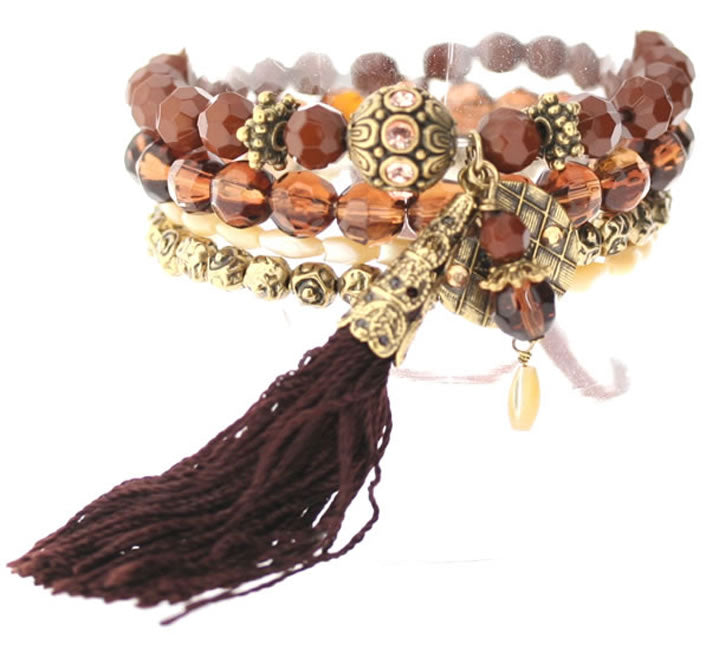 A&C Ethnicdream Quad Elasticated Bracelet, Brown/Peach/Gold