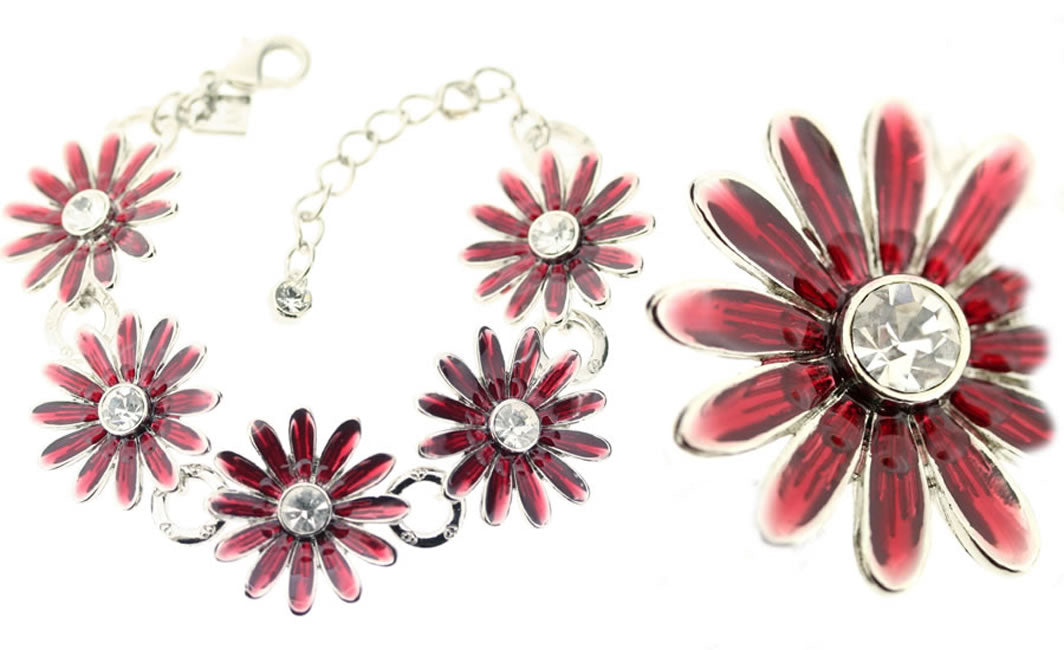 A&C Daisy Five Flower Bracelet, Red/Silver