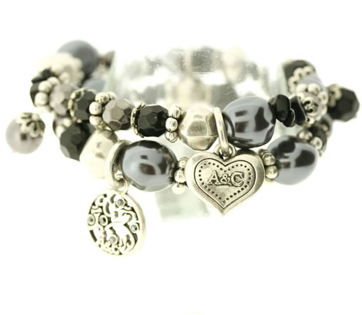 A&C Ornament Elasticated Double Strand Bracelet, Silver/Grey