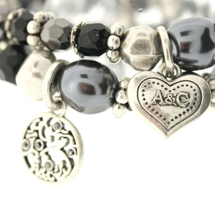 A&C Ornament Elasticated Double Strand Bracelet, Silver/Grey