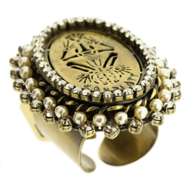 Konplott, Sinners and Saints Large Oval Adjustable Ring Crystal/Gold, Crystal,Gold