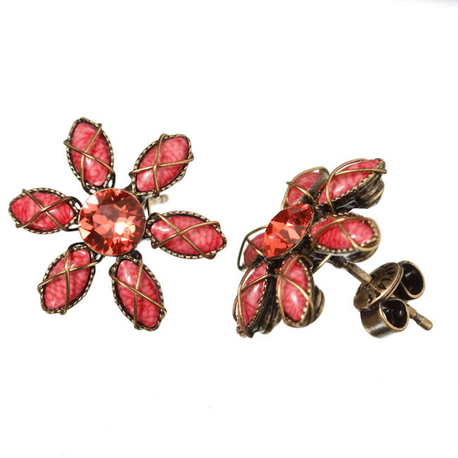 Konplott, Psychodahlia Flower Stud Earrings, Coral/Gold