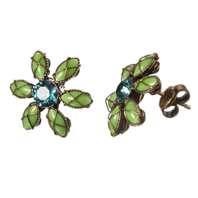 Konplott, Psychodahlia Flower Stud Earrings, Green/Turquoise/Gold