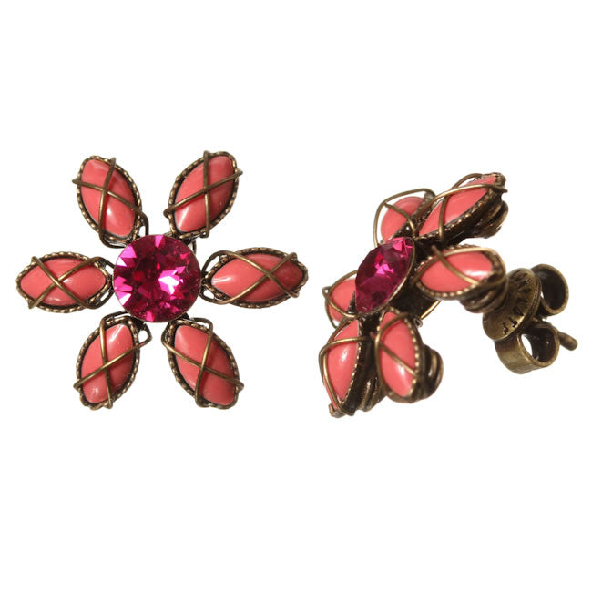 Konplott, Psychodahlia Flower Stud Earrings, Pink/Fushcia/Gold