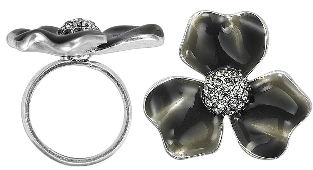 Pilgrim Awakening Adjustable Flower Ring, Grey/Silver.