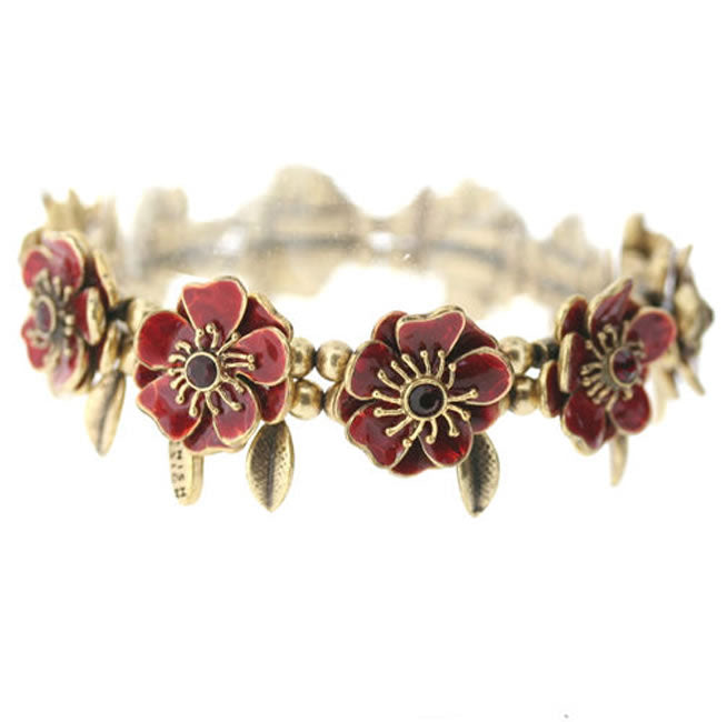 Pilgrim Twin Blossom Elasticated Bracelet, Red/Gold