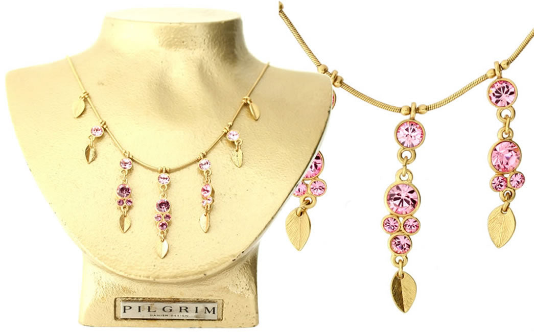 Pilgrim Little Leaves Crystal Drop Necklace, Rose/Gold