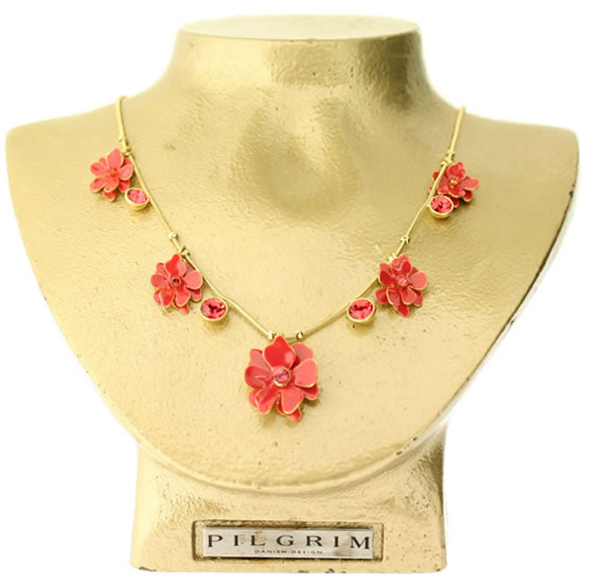 Pilgrim 3d All Around Necklace, Coral Red/Gold