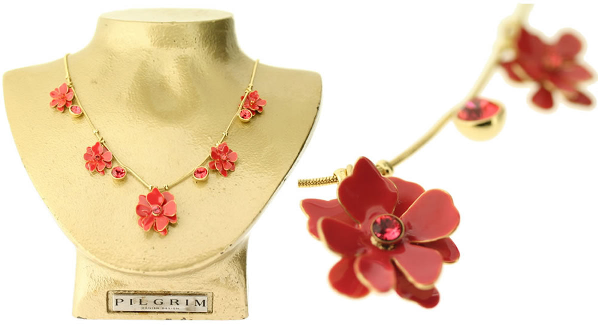 Pilgrim 3d All Around Necklace, Coral Red/Gold