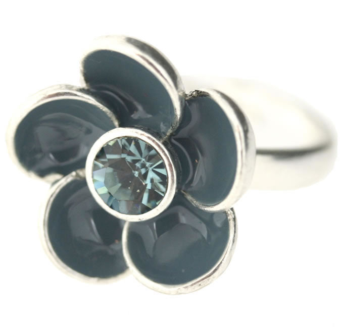 Pilgrim Flower Mix Adjustable Flower Ring, Blue/Silver