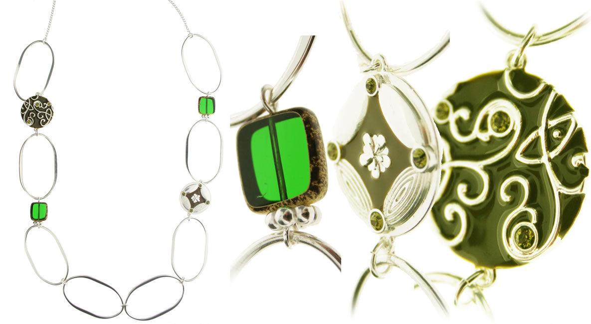 Pilgrim Ethnic Nature Long Necklace, Green/Silver