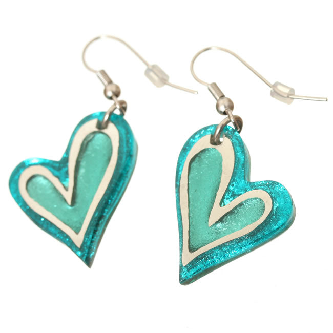 Watch this Space Earrings, Linear Hearts Collection, Teal/Silver