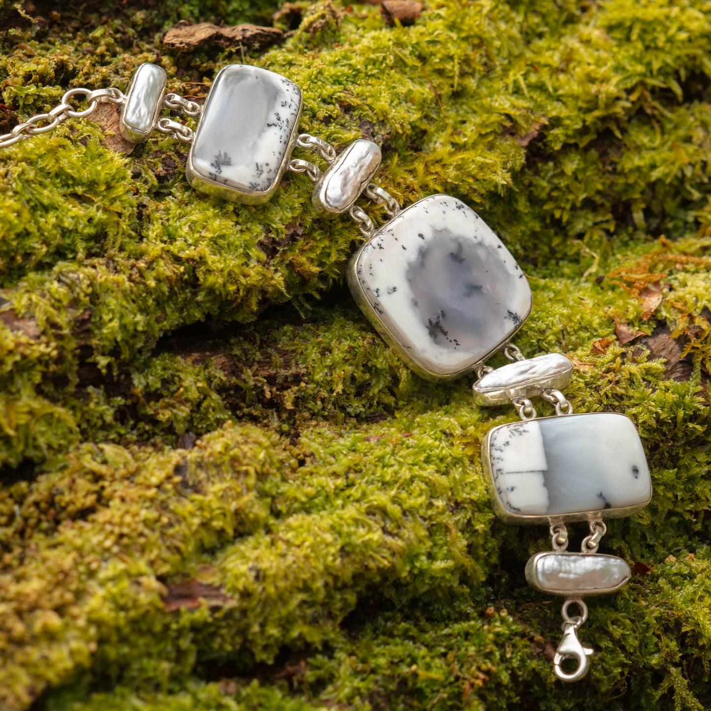 Sterling Silver Bracelet Dendritic Agate and River Pearls