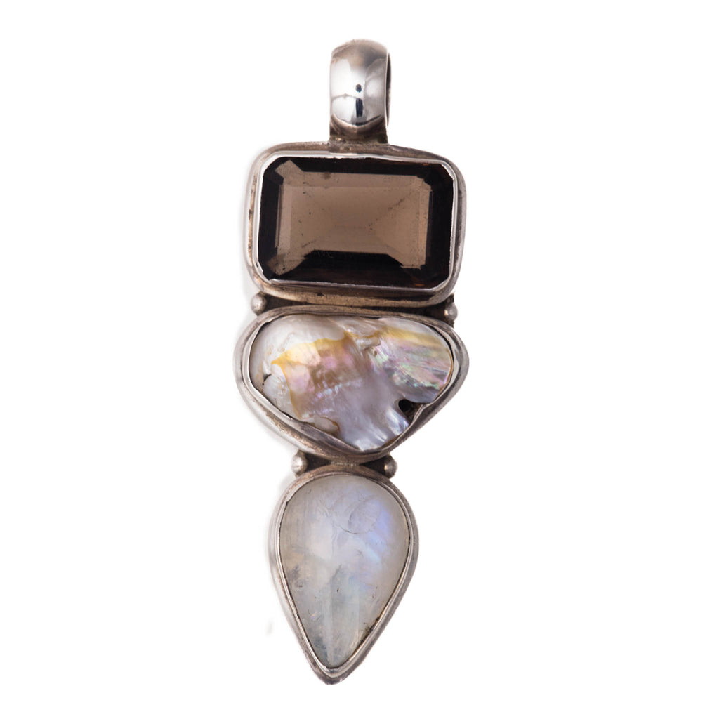 Smokey Quartz, Pearl and Moonstone Sterling Silver Pendant