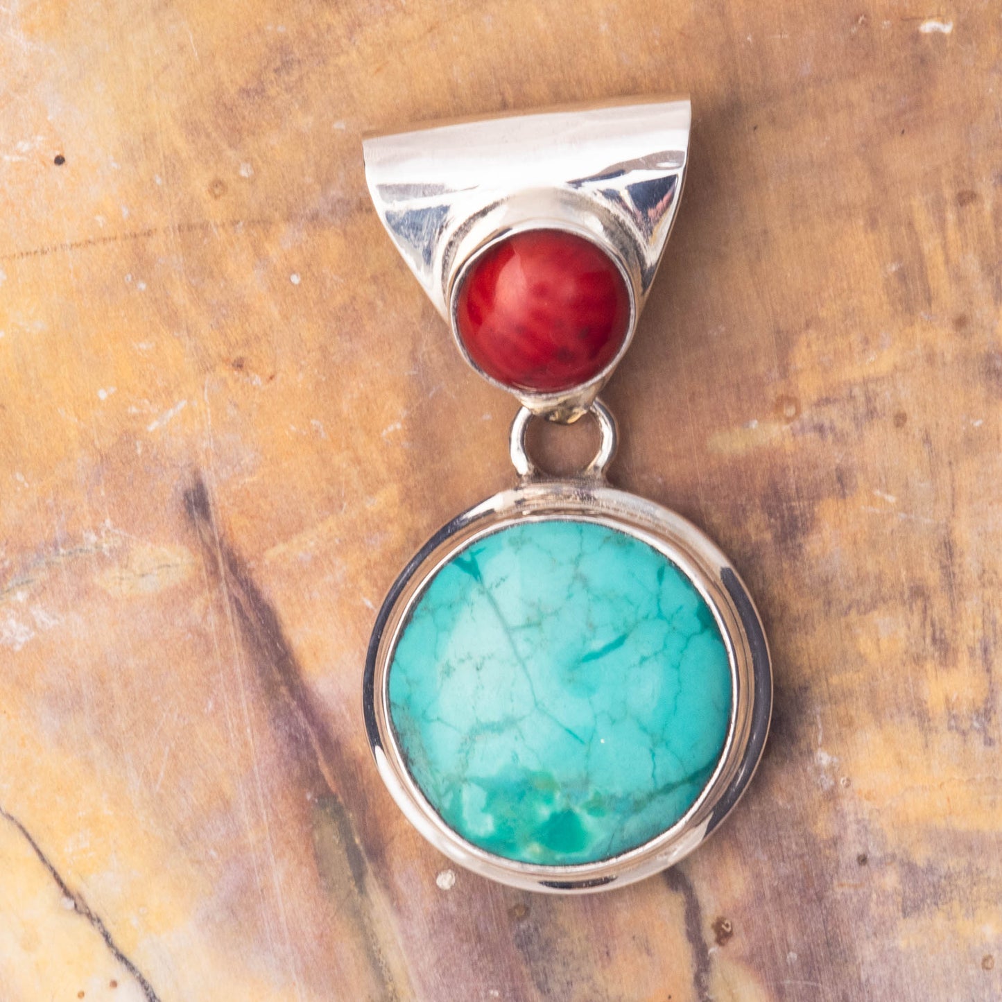 Turquoise and Coral, Sterling Silver Pendant