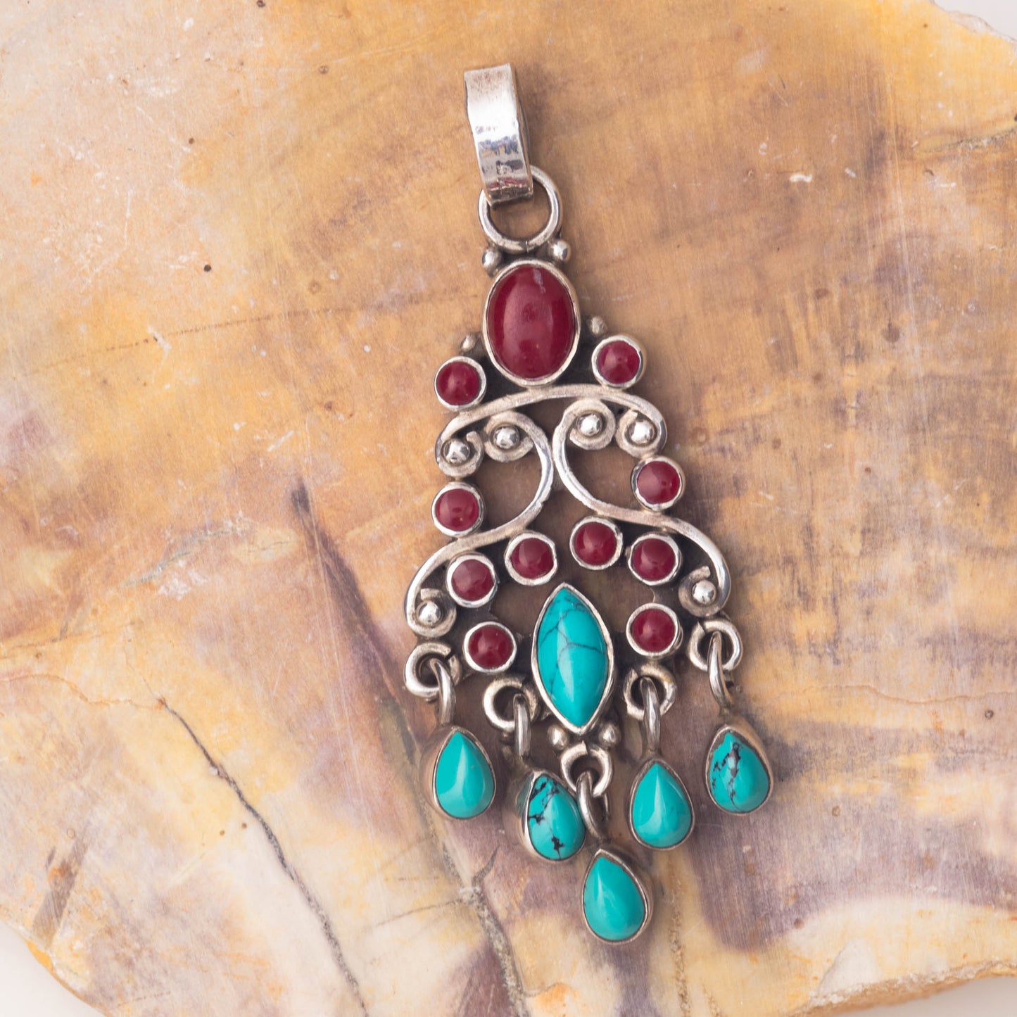 Turquoise and Coral, Sterling Silver Pendant