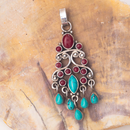 Turquoise and Coral, Sterling Silver Pendant