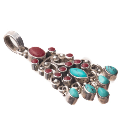 Turquoise and Coral, Sterling Silver Pendant