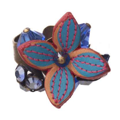 Flower And Crystal Bunch Ring, Blue/Red/Gold