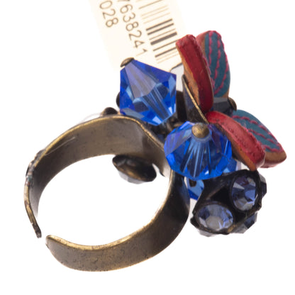 Flower And Crystal Bunch Ring, Blue/Red/Gold