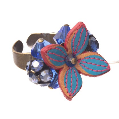 Flower And Crystal Bunch Ring, Blue/Red/Gold