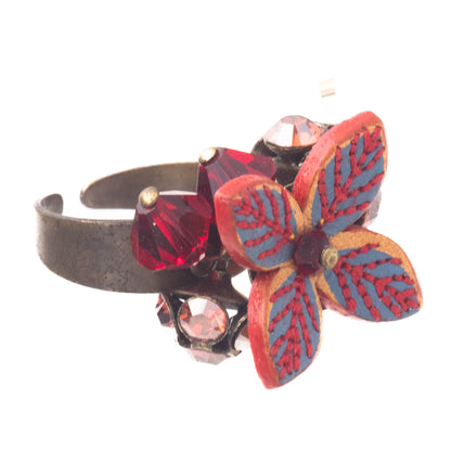 Flower And Crystal Bunch Ring, Red/Blue/Gold