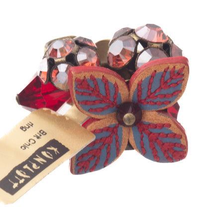 Flower And Crystal Bunch Ring, Red/Blue/Gold