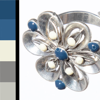 Pilgrim Crazy Flower Adjustable Ring, Blue/White/Silver
