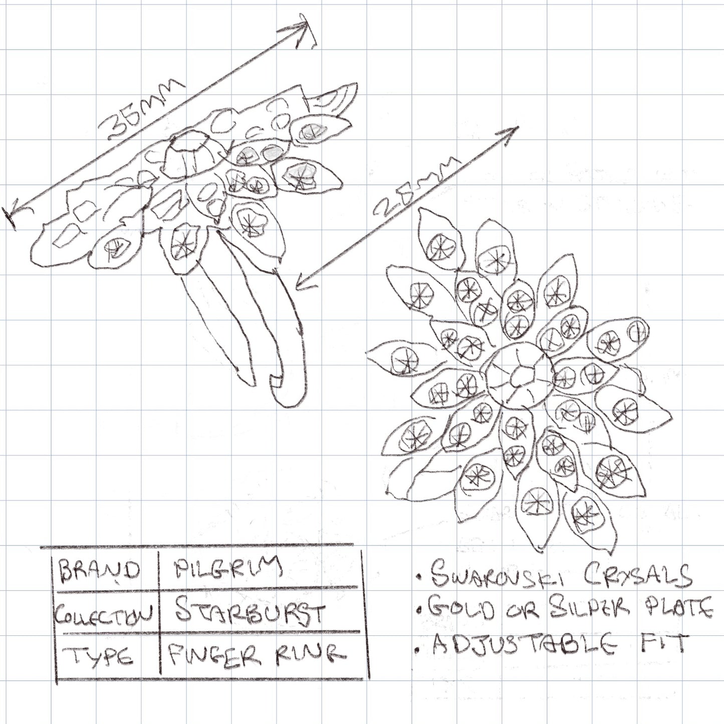 Pilgrim, Adjustable Star Burst Ring, Crystal/Rose-Gold