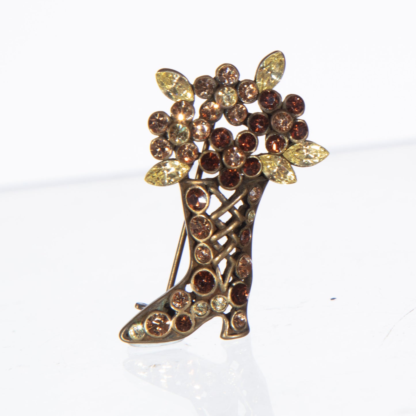 Vintage Crystal Flower Basket Boot Brooch – Amber & Champagne Tones