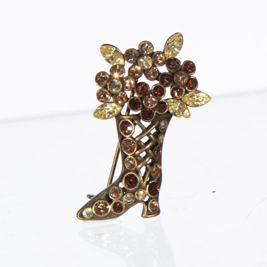 Vintage Crystal Flower Basket Boot Brooch – Amber & Champagne Tones
